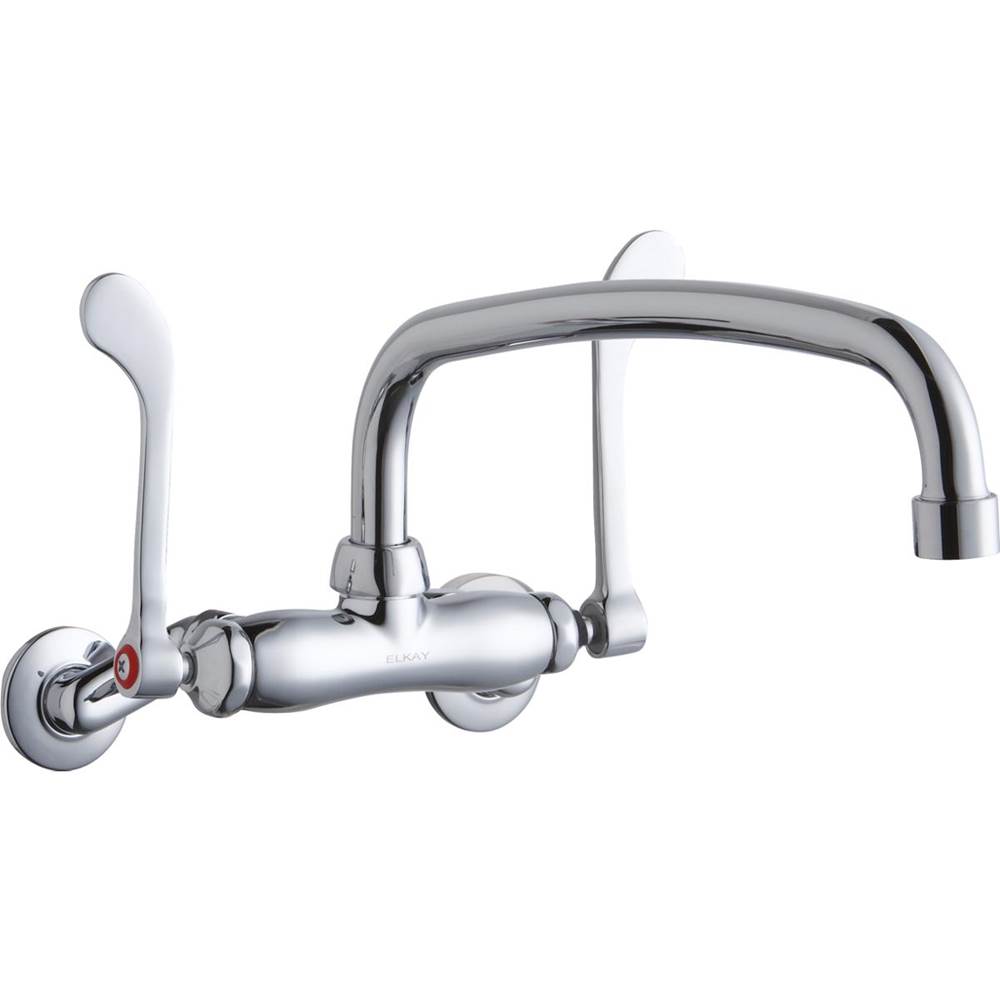 Elkay Foodservice 3-8'' Adjustable Centers Wall Mount Faucet w/12'' Arc Tube Spout 6'' Wristblade Handles 2in Inlet